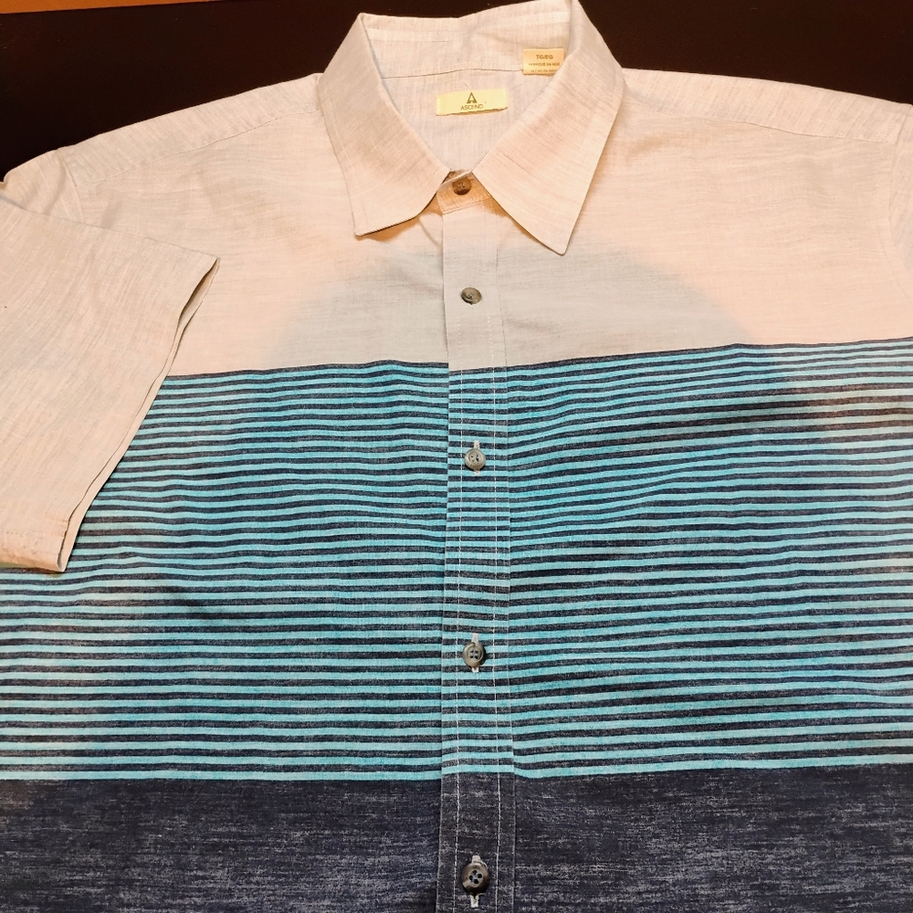 Ascend Mens XL Short Sleeve Button Down Shirt Colorblock Striped Tan Blue Gray B